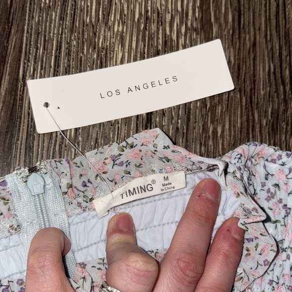 Timing floral print smocked tiered dress. Light blue and pink design. Size med - Picture 5 of 6